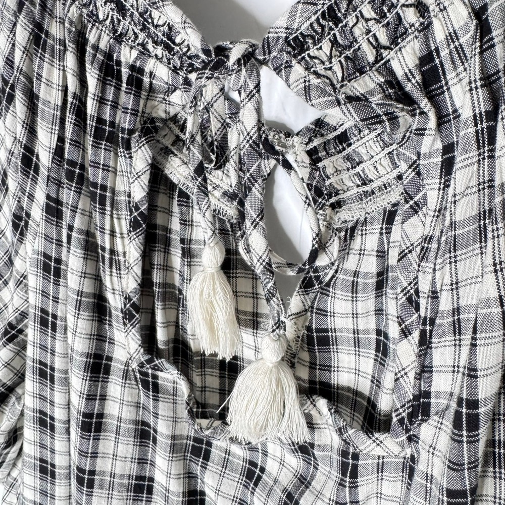 NEW Old Navy Midi Dress XL Plaid Black Smocked Cottagecore Pockets Peasant Boho - Picture 9 of 13